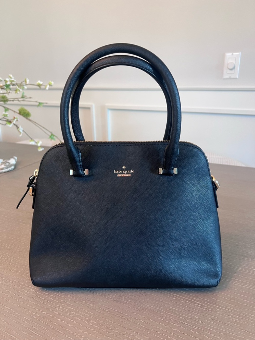 kate spade Black Leather Dome Satchel with Gold Hardware